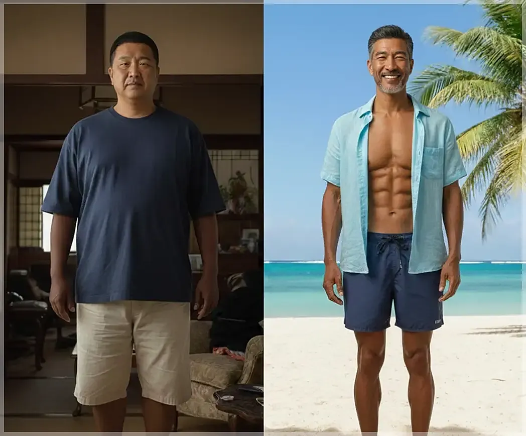 Before and after transformation photo of man.