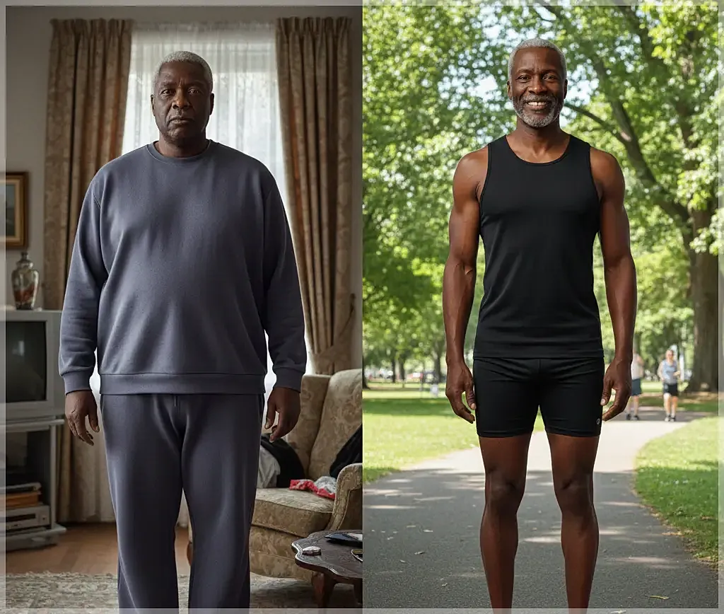 Before and after fitness transformation side by side.